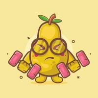 gracioso Pera Fruta personaje mascota haciendo culturismo utilizando pesa aislado dibujos animados en plano estilo diseño vector