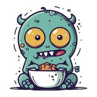 Cute cartoon monster with a bowl of food. Vector illustration.