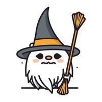 Cute ghost with witch hat and broom. Halloween vector illustration.