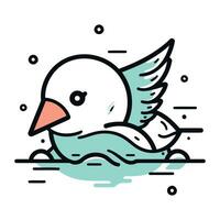 Cute bird in water. Vector illustration in line art style.