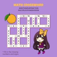 Math Crossword puzzle for children. Addition, subtraction, multiplication and division. Counting up to 20. Vector illustration. Game with cartoon anime girl. Task, education material for kids.