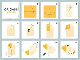 tutorial de esquema de origami pelícano modelo en movimiento. papiroflexia para niños. paso a paso cómo hacer un lindo pájaro de origami. ilustración vectorial vector