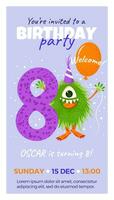 Eighth birthday party invitation with monster, number eight, text and balloon. Happy birthday card in flat cartoon style. Vector illustration. All objects are isolated.