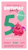 Fifth birthday party invitation with monster, number five, text and balloon. Happy birthday card in flat cartoon style. Vector illustration. All objects are isolated.