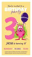 Third birthday party invitation with monster, number three, text and balloon. Happy birthday card in flat cartoon style. Vector illustration. All objects are isolated.