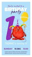 First birthday party invitation with monster, number one, text and balloon. Happy birthday card in flat cartoon style. Vector illustration. All objects are isolated.