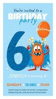 Sixth birthday party invitation with monster, number six, text and balloon. Happy birthday card in flat cartoon style. Vector illustration. All objects are isolated.