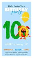 Tenth birthday party invitation with monster, number ten, text and balloon. Happy birthday card in flat cartoon style. Vector illustration. All objects are isolated.