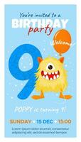 Ninth birthday party invitation with monster, number nine, text and balloon. Happy birthday card in flat cartoon style. Vector illustration. All objects are isolated.