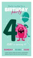 Fourth birthday party invitation with monster, number four, text and balloon. Happy birthday card in flat cartoon style. Vector illustration. All objects are isolated.