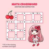 Math Crossword puzzle for kids. Addition and subtraction. Counting up to 20. Game for children. Vector illustration. Colorful crossword with cartoon anime girl. Task, education material for kids.