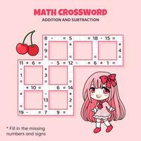 matemáticas crucigrama rompecabezas para niños. adición y sustracción. contando arriba a 20 juego para niños. vector ilustración. vistoso crucigrama con dibujos animados anime muchacha. tarea, educación material para niños.