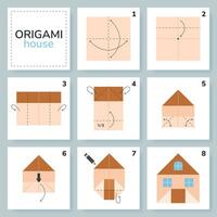 House origami scheme tutorial moving model. Origami for kids. Step by step how to make a cute origami building. Vector illustration.