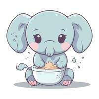 Cute cartoon elephant with a bowl of milk. Vector illustration.