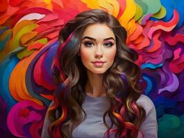 Beautiful girl with colorful background ai generate photo