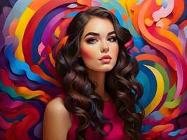 Beautiful girl with colorful background ai generate photo