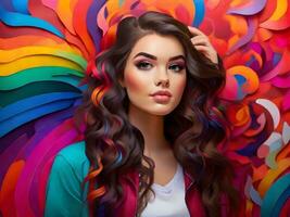 Beautiful girl with colorful background ai generate photo