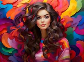 Beautiful girl with colorful background ai generate photo