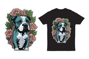 Graphic t-shirt design of pit bull with floral background Vector illustration