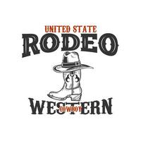 rodeo vaquero occidental t camisa diseño. Arizona rodeo vaquero caos Clásico mano dibujado ilustración t camisa diseño. Clásico sombrero y bota ilustración, vestir, t camisa diseño, occidental, Estados Unidos t camisa diseño foto