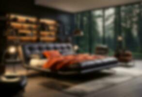 Blurred background, Stylish hotel bedroom interior with black leather bed, large windows photo