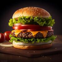 burger with beef, chicken red onion, tomato and fried bacon. photo