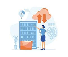 Server maintenance concept, Woman working as tech engineer and settings cloud computing at server racks room. flat vector modern illustration