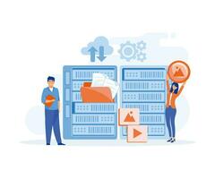 Service engineers administrators set up data centers. Data center services concept. flat vector modern illustration