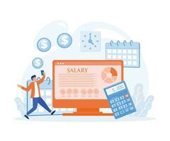 Salary concept. Male worker looking at his salary on handphone while standing with computer , calendar, and stack of coins. flat vector modern illustration