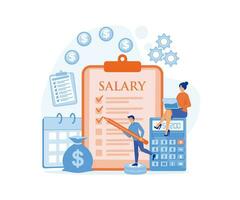 Salary concept, worker looking at his salary on handphone and male worker standing with clipboard, stack of coins and calculator, flat vector modern illustration