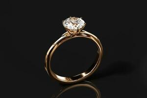 Gold Diamond Ring Isolated On black Background, 3D Rendering. photo