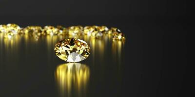 Round yellow diamond topaz Gem reflected placed on dark reflection background 3d rendering soft focus photo