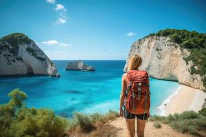 joven mujer turista con mochila en pie en el borde de acantilado en zakynthos isla, Grecia, joven mujer con mochila en el playa, zakynthos isla, Grecia, ai generado foto