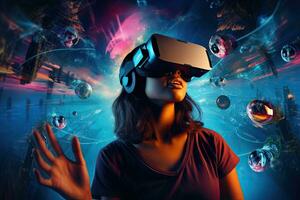 Young woman wearing virtual reality headset. Future technology concept. 3D Rendering, Young woman using virtual reality headset against blue background with vr icons, AI Generated photo