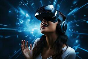 Portrait of a beautiful young woman wearing virtual reality goggles. Future technology concept, Young woman using virtual reality headset against blue background with vr icons, AI Generated photo
