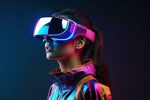 hermosa asiático mujer vistiendo virtual realidad gafas de protección. estudio disparo, joven mujer vistiendo virtual realidad gafas de protección. futuro tecnología concepto. 3d representación, ai generado foto