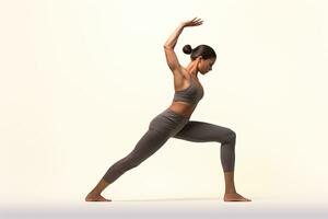 joven mujer practicando yoga, en pie en urdhva dhanurasana ejercicio, joven mujer practicando yoga en el natarajasana posición, posterior lado vista, No cara reveló, No deformación, ai generado foto