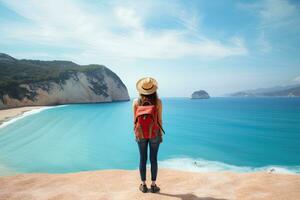 joven mujer en un sombrero con un mochila en pie en el borde de un acantilado y mirando a el mar, joven mujer con mochila en el playa, zakynthos isla, Grecia, ai generado foto