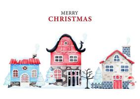 Navidad tarjeta modelo con acuarela invierno casa con un nieve gorra, Navidad casa, invierno casas paisaje vector ilustración