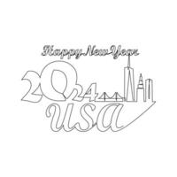 One continuous line drawing of Happy New Year in USA. Happy New Year design with USA skyline in simple linear style vector illustration. Suitable design for greeting card, poster and banner.