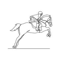 One continuous line drawing of people riding the horse. A jockey is someone who rides a horse in a race. Riding the horse in simple linear style vector illustration. Suitable design for your asset.