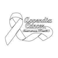 One continuous line drawing of appendix cancer awareness month with white background. Awareness ribbon design in simple linear style. healthcare and medical design concept vector illustration.