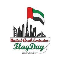 One continuous line drawing of UAE Flag Days on November 3rd. UAE Flag Days design in simple linear style illustration. Suitable for greeting card, poster and banner. Patriotic design concept. vector