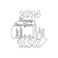 One continuous line drawing of Happy New Year in USA. Happy New Year design with USA skyline in simple linear style vector illustration. Suitable design for greeting card, poster and banner.