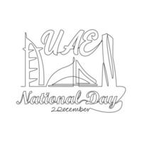 uno continuo línea dibujo de uae nacional dias en diciembre 2do. uae nacional dias diseño en sencillo lineal estilo ilustración. adecuado para saludo tarjeta, póster y bandera. patriótico diseño concepto. vector