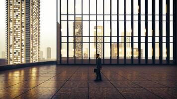 3d Animation Businessman Walking in Side View with City Reflection from Building Glass video