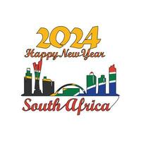 One continuous line drawing of Happy New Year in South Africa. New Year Design with South Africa skyline in simple linear style vector illustration. Suitable for greeting card, poster and banner.