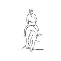 One continuous line drawing of people riding the horse. A jockey is someone who rides a horse in a race. Riding the horse in simple linear style vector illustration. Suitable design for your asset.