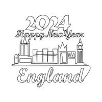 One continuous line drawing of Happy New Year in England with skyline background concept.Happy New Year in England in simple linear style vector illustration. Suitable design for greeting card, poster