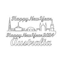 One continuous line drawing of Happy New Year in Australia. Happy New Year design with Australia skyline in simple linear style vector illustration.Suitable design for greeting card, poster and banner